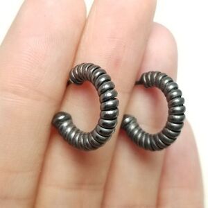 Vintage Coiled Design Hoop Earrings, Huggie Size, Tarnished Stud, Estate